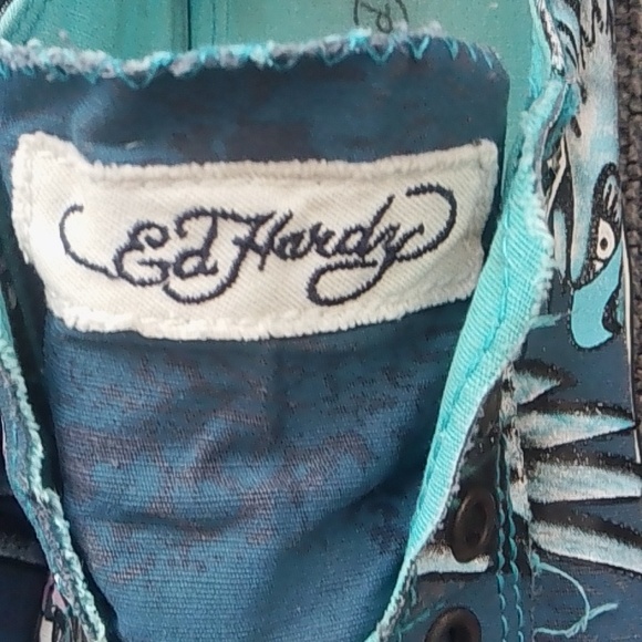 Vintage Ed Hardy Women's Teal and White Sneakers Size 11 - Picture 2 of 10
